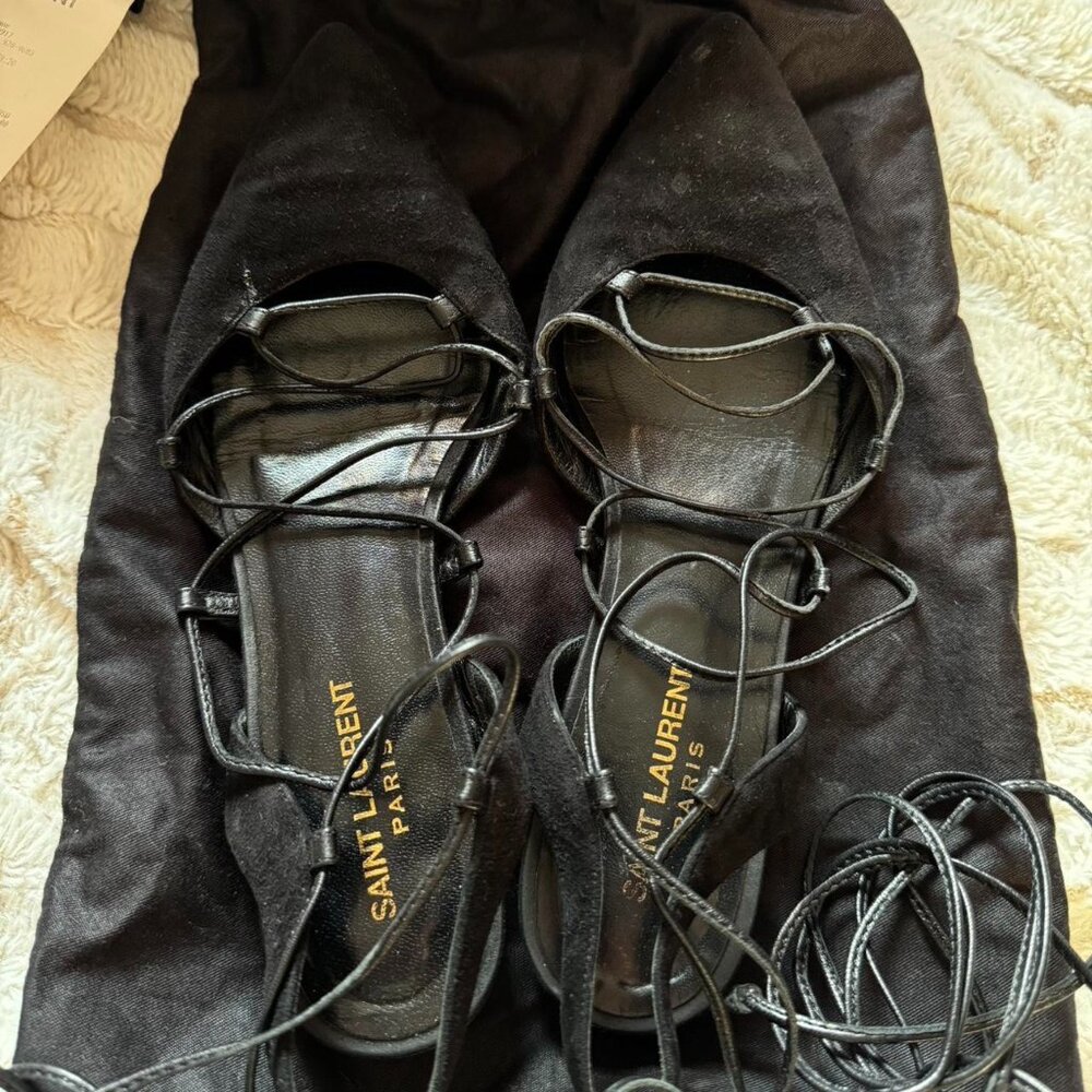 Saint Laurent Black Lace Up Slingback Ballet Flats
